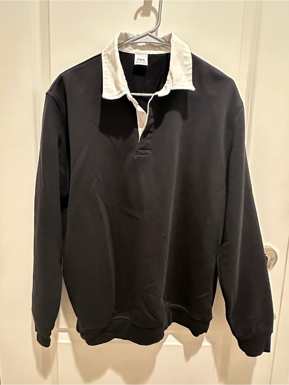 Zara Black Rugby Polo with White Contrast Collar